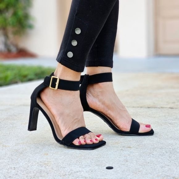 Women's Black Nubuck Ankle Strap Block Heel Dress Sandals - Picture 2 of 6